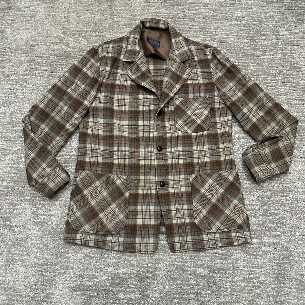 VTG Pendleton Sport Coat Mens M Brown Plaid Wool Jacket Made USA FLAWS READ